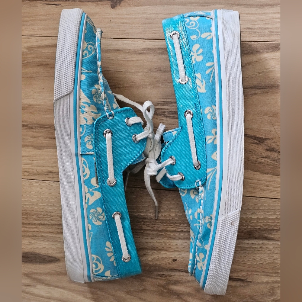 Sperry Top-Slider Floral Canvas Blue & Cream Boat Shoes  Size 8.5 - Picture 6 of 11
